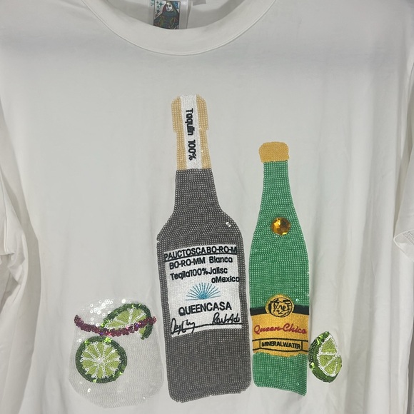 QUEEN OF SPARKLES Tops - Queen of Sparkles White Tee with Sequin Bottles